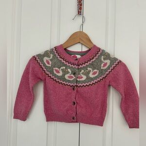 Mini Boden girls fair isle swan sweater cardigan 3-4 years pink